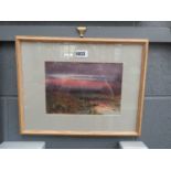 Watercolour of rural scene with red sky and pond in foreground