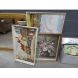 Quantity of paintings and wall hangings to include coastal village, island scene, picture formed