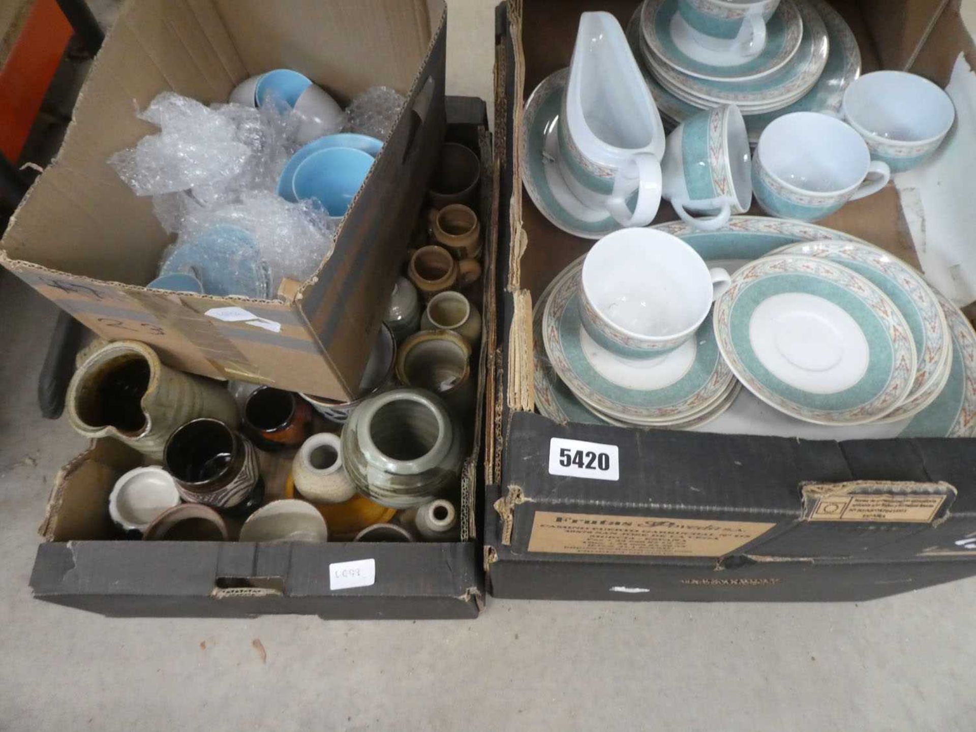 3 x boxes containing Wedgwood crockery, glass shades, Poole pottery and studio ware