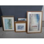 Quantity of pictures to include architectural diagrams and watercolours, prints of steam trains,