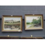 Pair of oils on board of country scenes with hills and stream