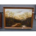 Oil on board of country scene with woodland and stream