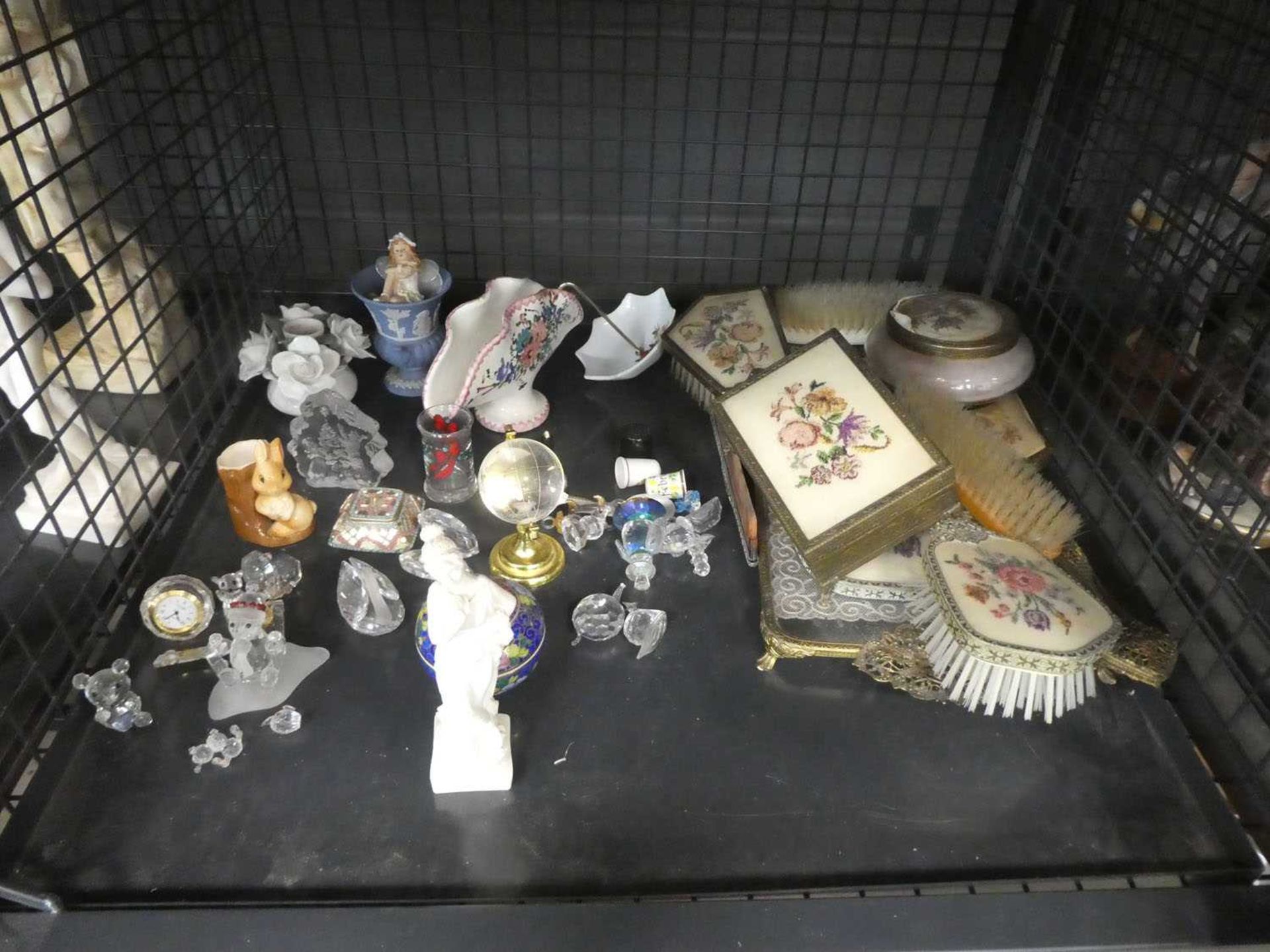 Cage containing crystal ornaments, jasperware, ornamental posie and a dressing table set