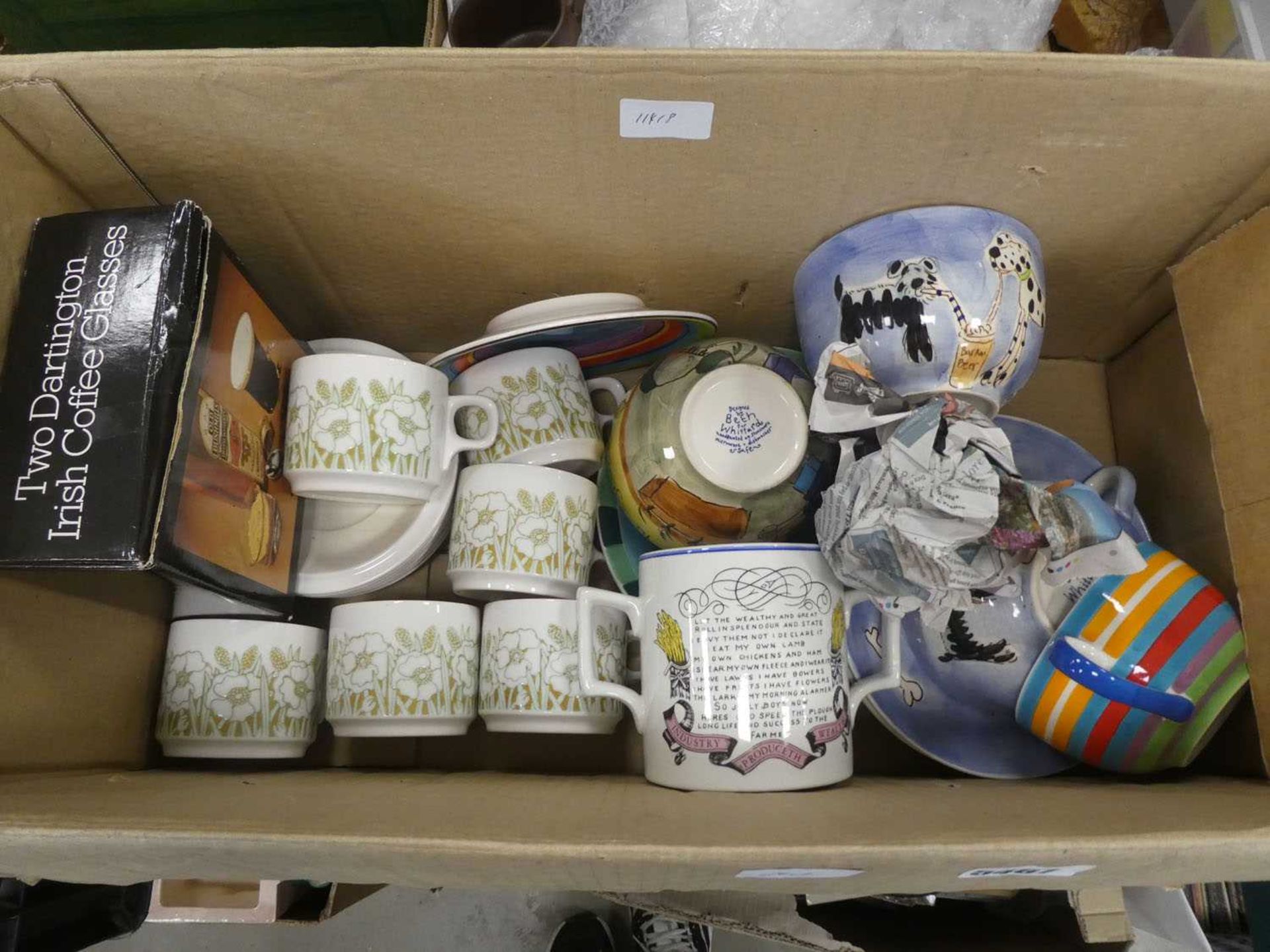 Box containing Hornsea crockery, Harvest mug, and teacups and saucers