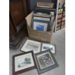 Box with a quantity of pictures to include watercolours, oils and prints of Welsh cottages,