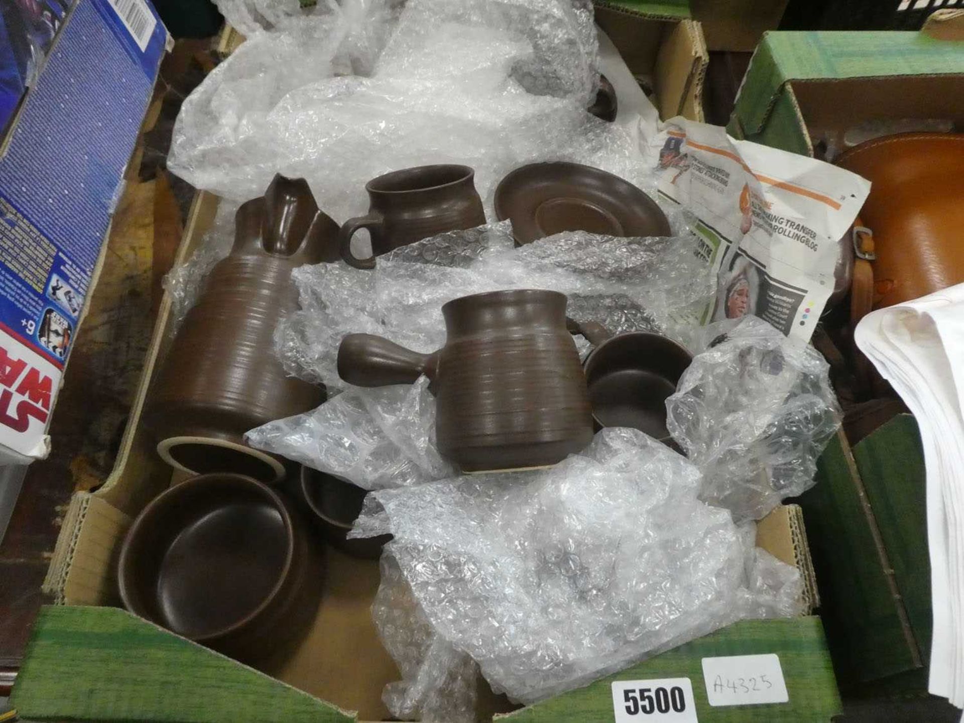 Box containing quantity of Denby style crockery