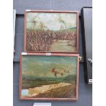 Pair of oils on canvas of ducks over reed beds