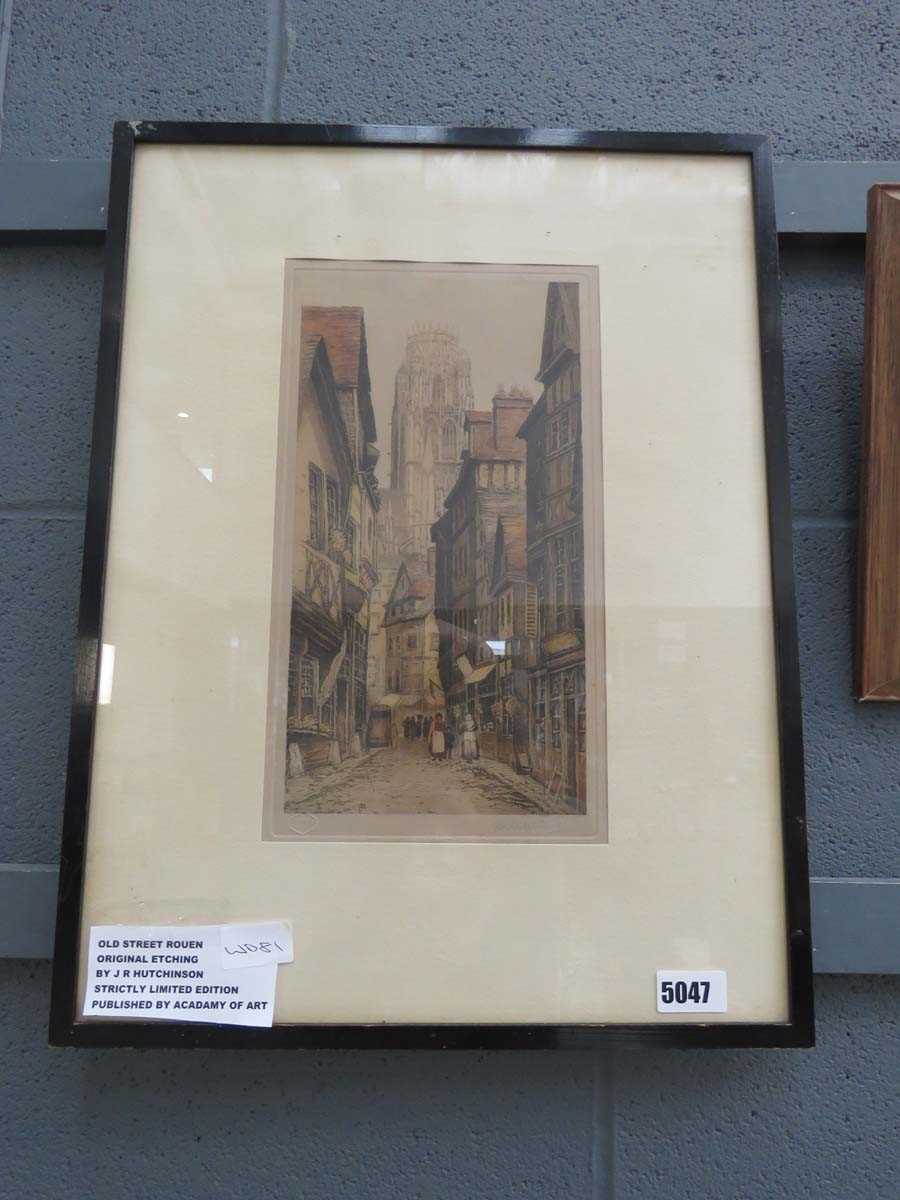 Framed and glazed etching of an old street in Rouen