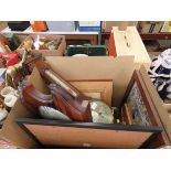 Box containing prints, quartz clock and barometers