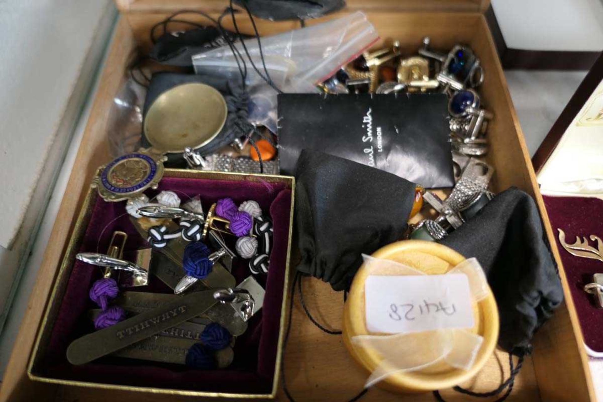 Box containing various collectable cufflinks and other items including a small ingot marked 999 - Image 2 of 3