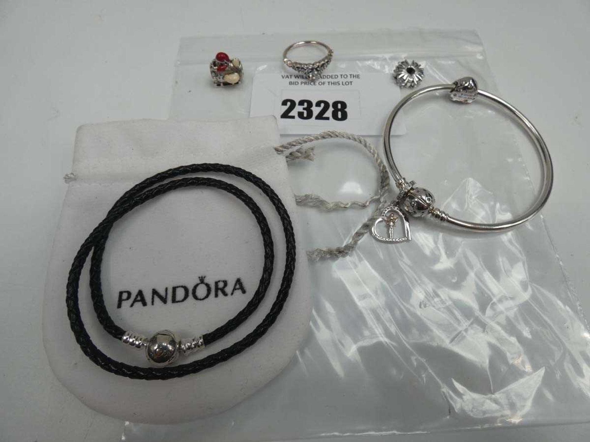+VAT Selection of Pandora jewellery; charms, ring, bangle, bracelet