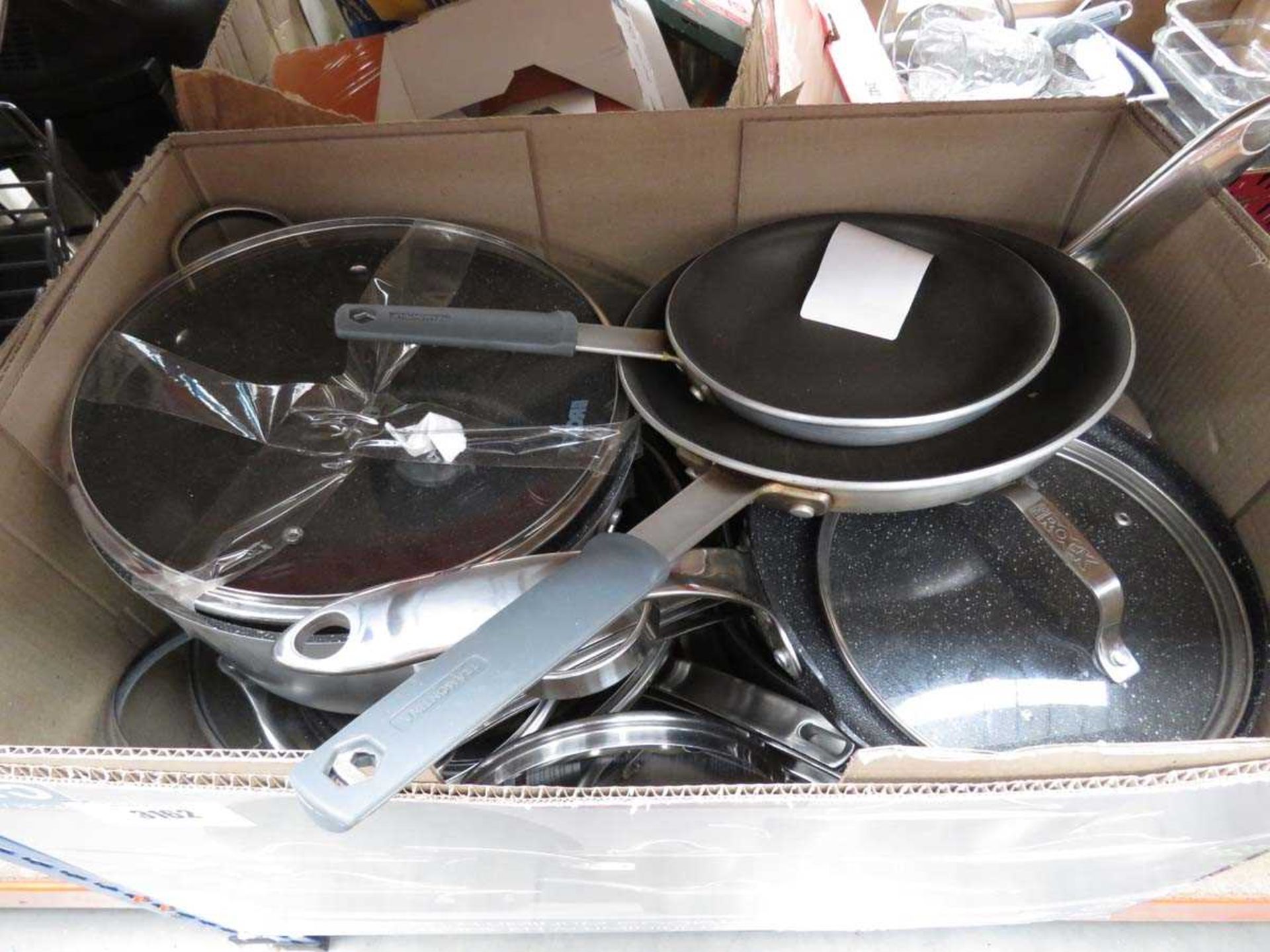+VAT Box of assorted frying pans to include Tramontina and The Rock