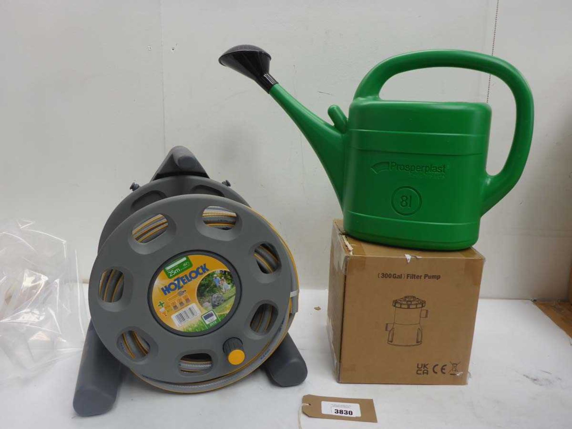 +VAT 25m Hozelock hosepipe and reel, Watering can and 330gal filter pump