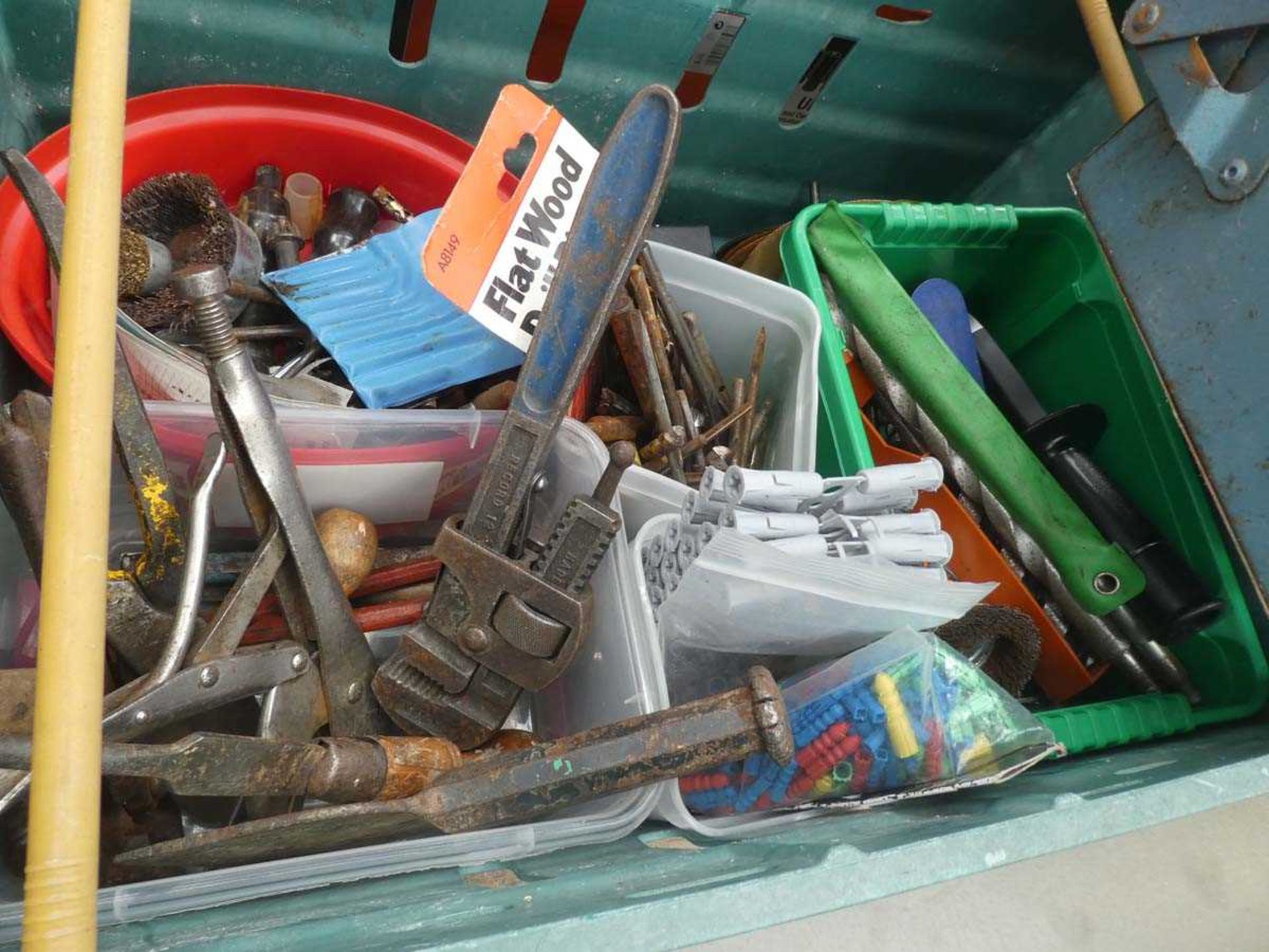 Two plastic crates and a cantilever tool box containing various tools to include clamps, drill bits, - Image 2 of 3