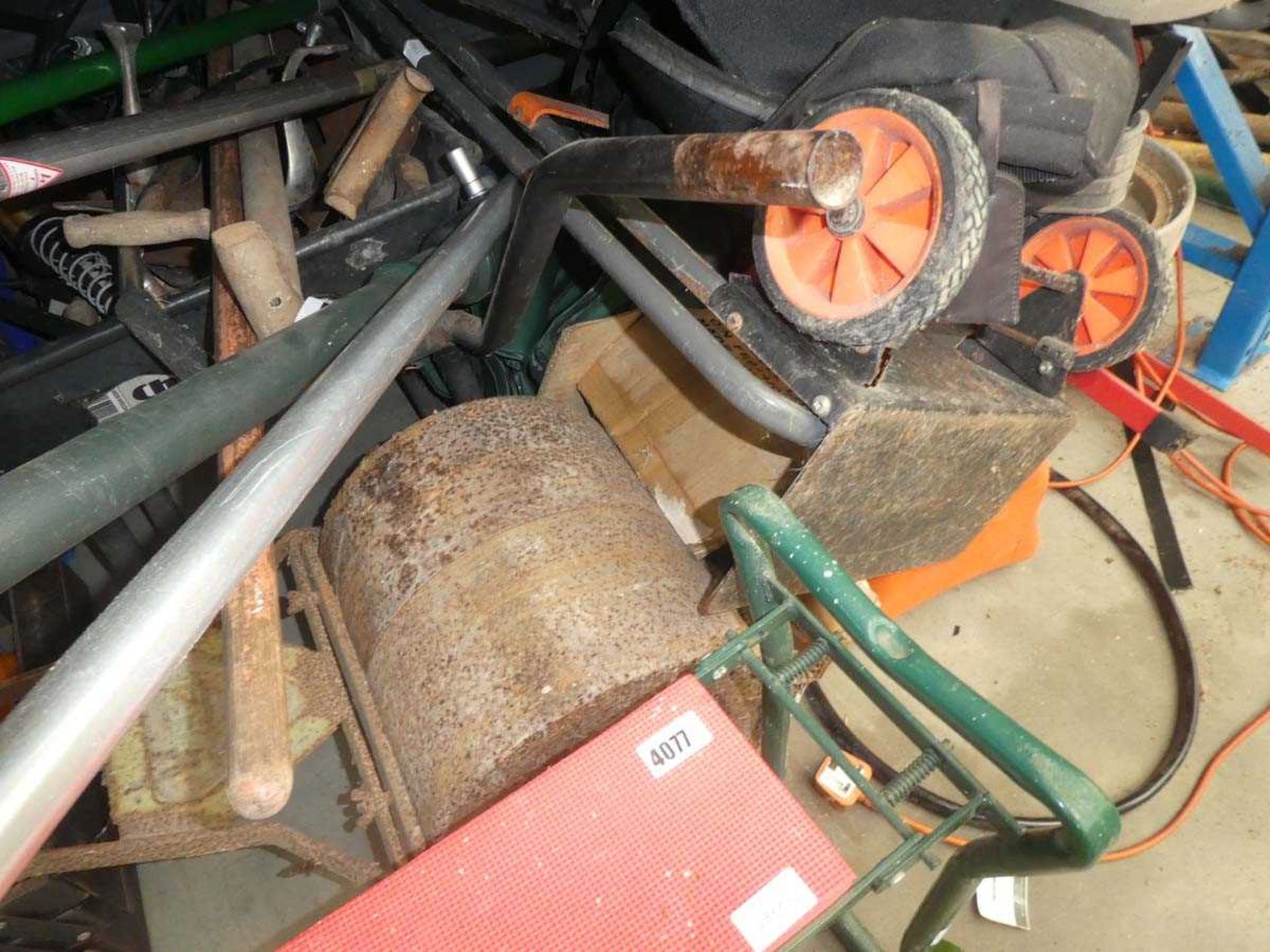 Large underbay of sack barrow, roller, golf trolleys, wheelbarrow and tools - Image 2 of 5