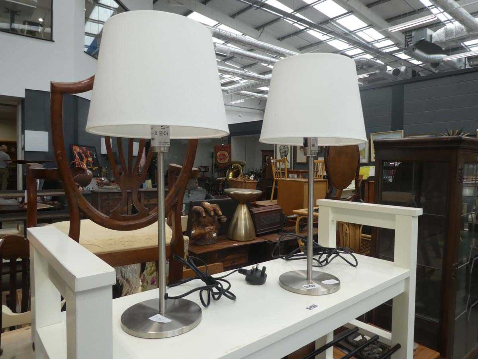 Pair of brushed metal table lamps with shades