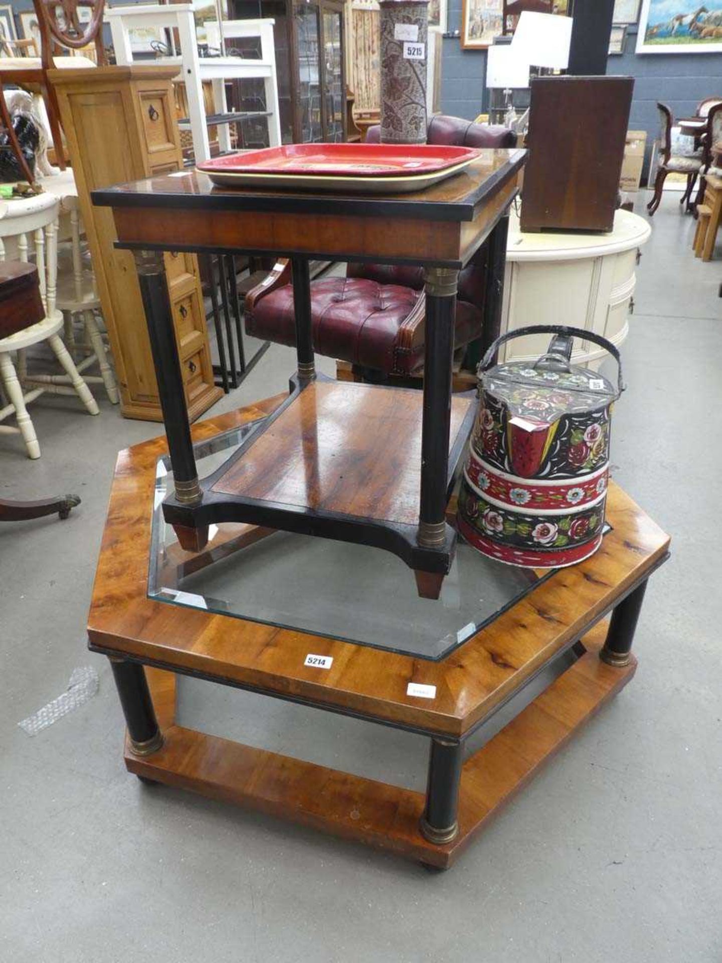 Octagonal walnut effect coffee table with glazed insert and 2 tier lamp table