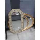 3 bevelled mirrors in ornate metal and gilt painted frames