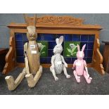 3 articulated wooden rabbits