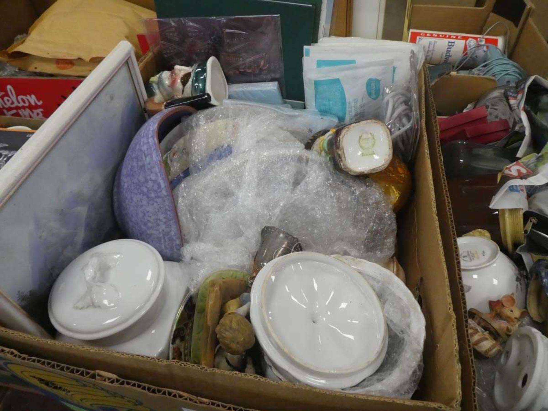5 boxes containing ornamental figures, soft toys, board games, quantity of prints, and crockery - Image 4 of 4