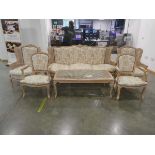 Lime washed bergere suite comprising of a 3 seater sofa, 2 pairs of arm chairs and a coffee table