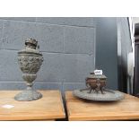 Neo Classical pewter oil lamp plus an alloy ink stand