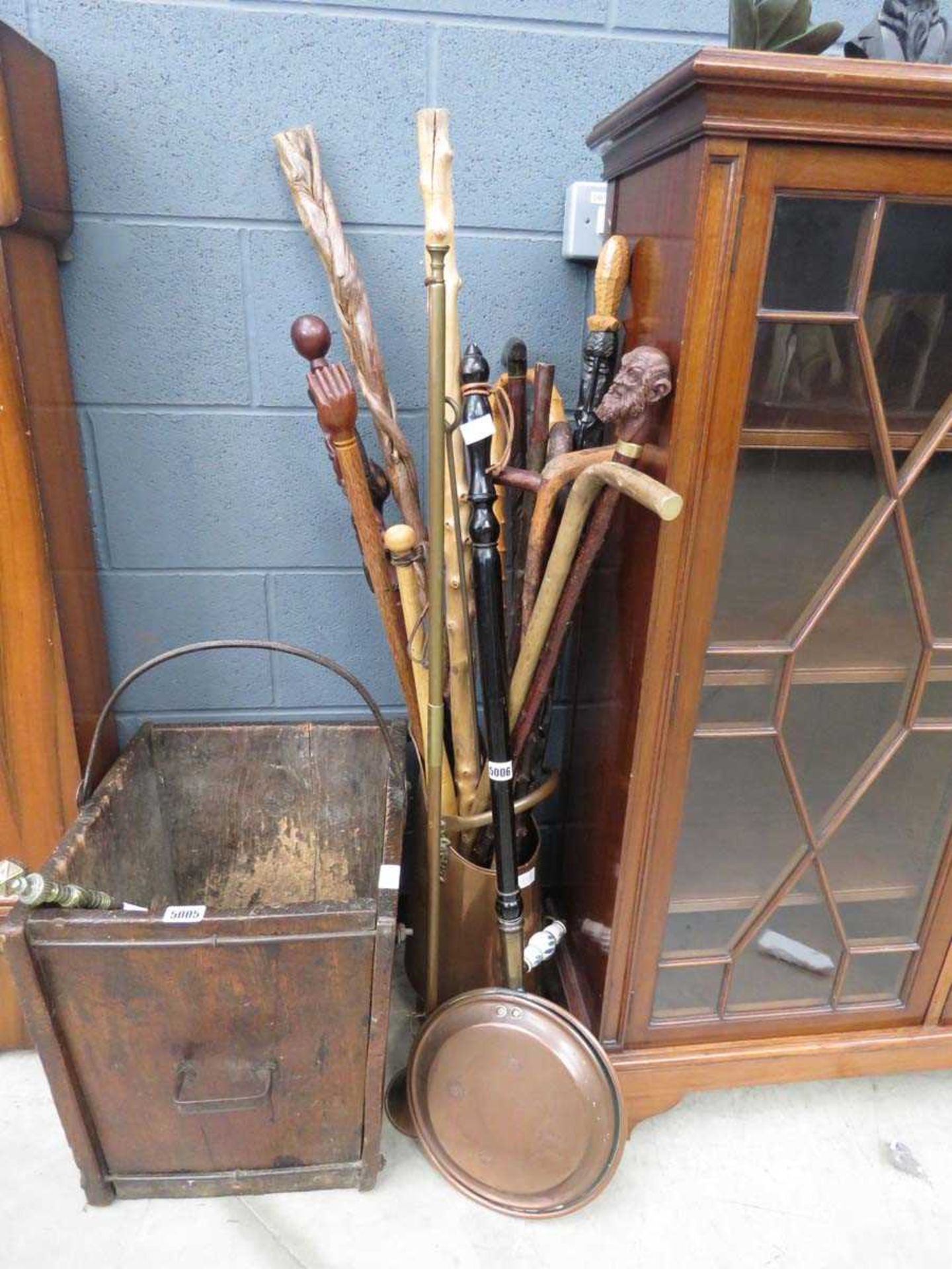 Copper warming pan, coaching horn plus a coal scuttle and a quantity of walking sticks