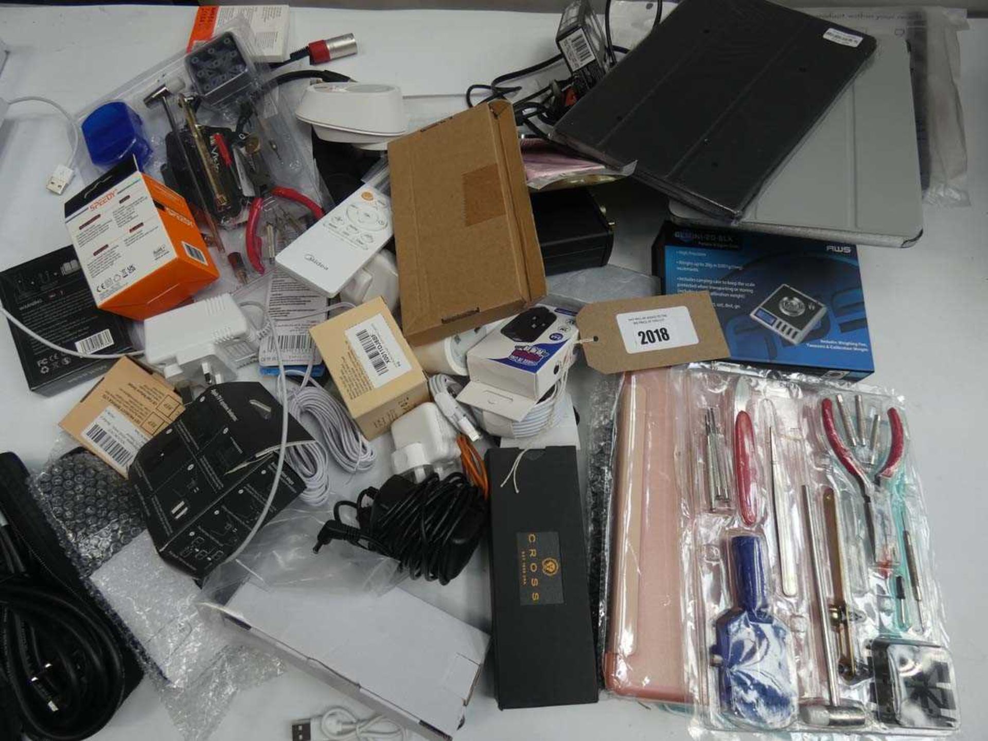 +VAT Mixed lot of chargers, PSUs, tablet cases, watch repair kit, scales, adapters, etc