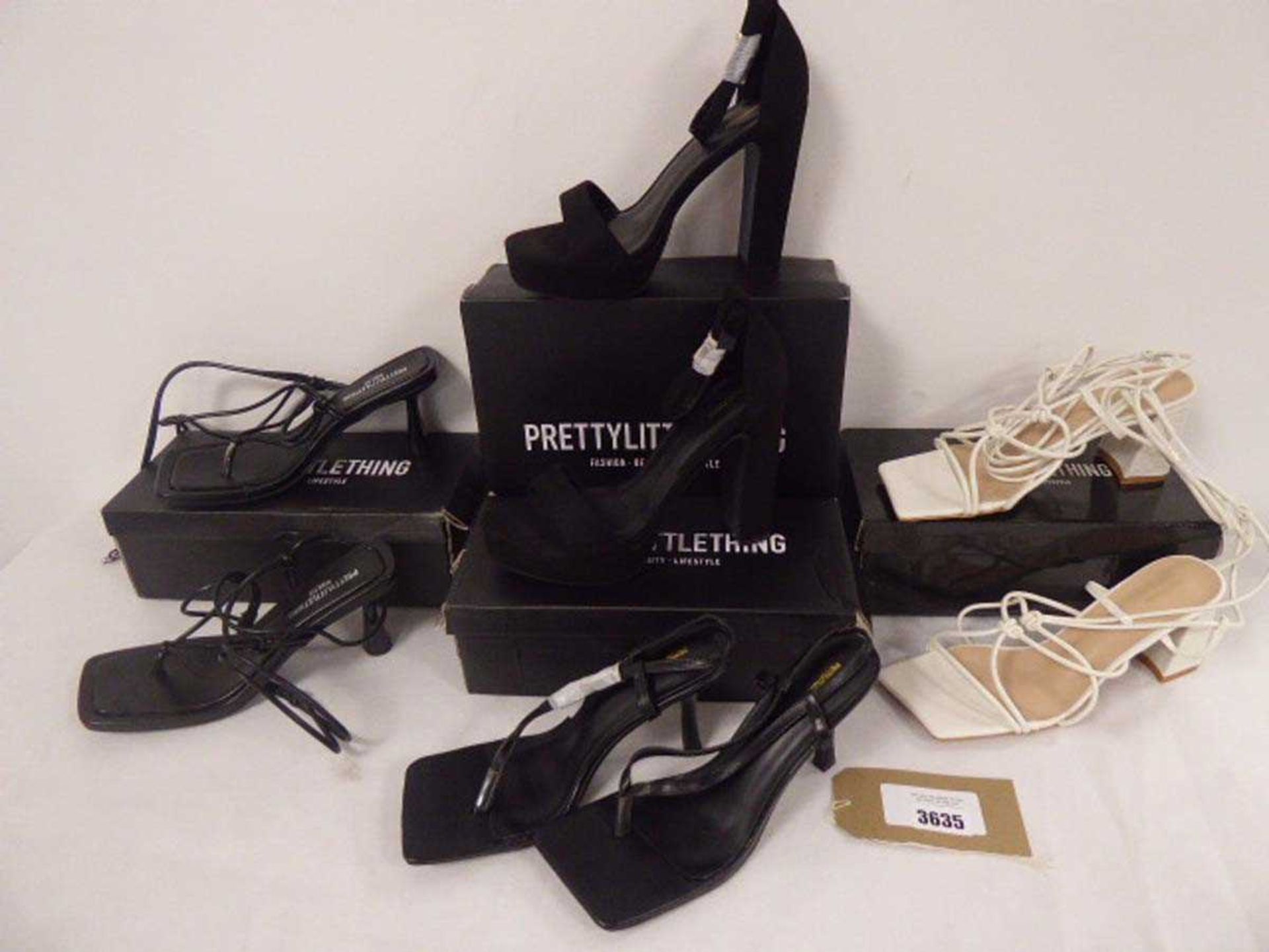 +VAT 4 x pairs of Pretty Little Thing heeled sandals in various colours, sizes & styles (boxed)