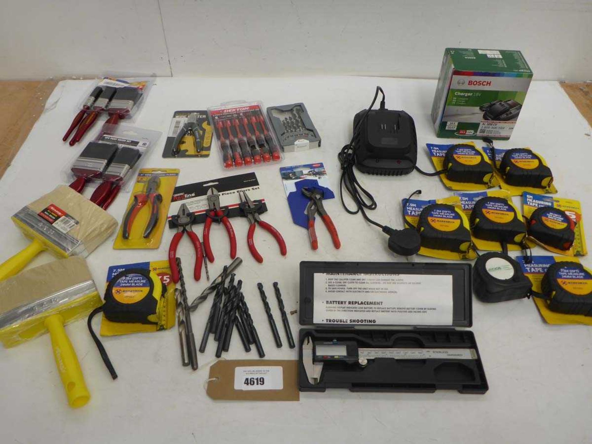 +VAT Wire cutters, pliers, screwdrivers, Bosch charger, tape measures, digital calipers, drill bits,