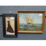 Pen drawing of lady in evening dress, 2 prints of ships and an engraving of a cathedral