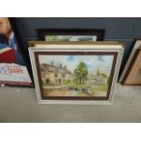 Quantity of paintings and watercolours to include village with stream, comical motoring print, oil