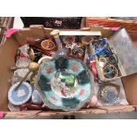 Box containing Jasper ware, costume jewellery, candlestick and a rose patterned bowl