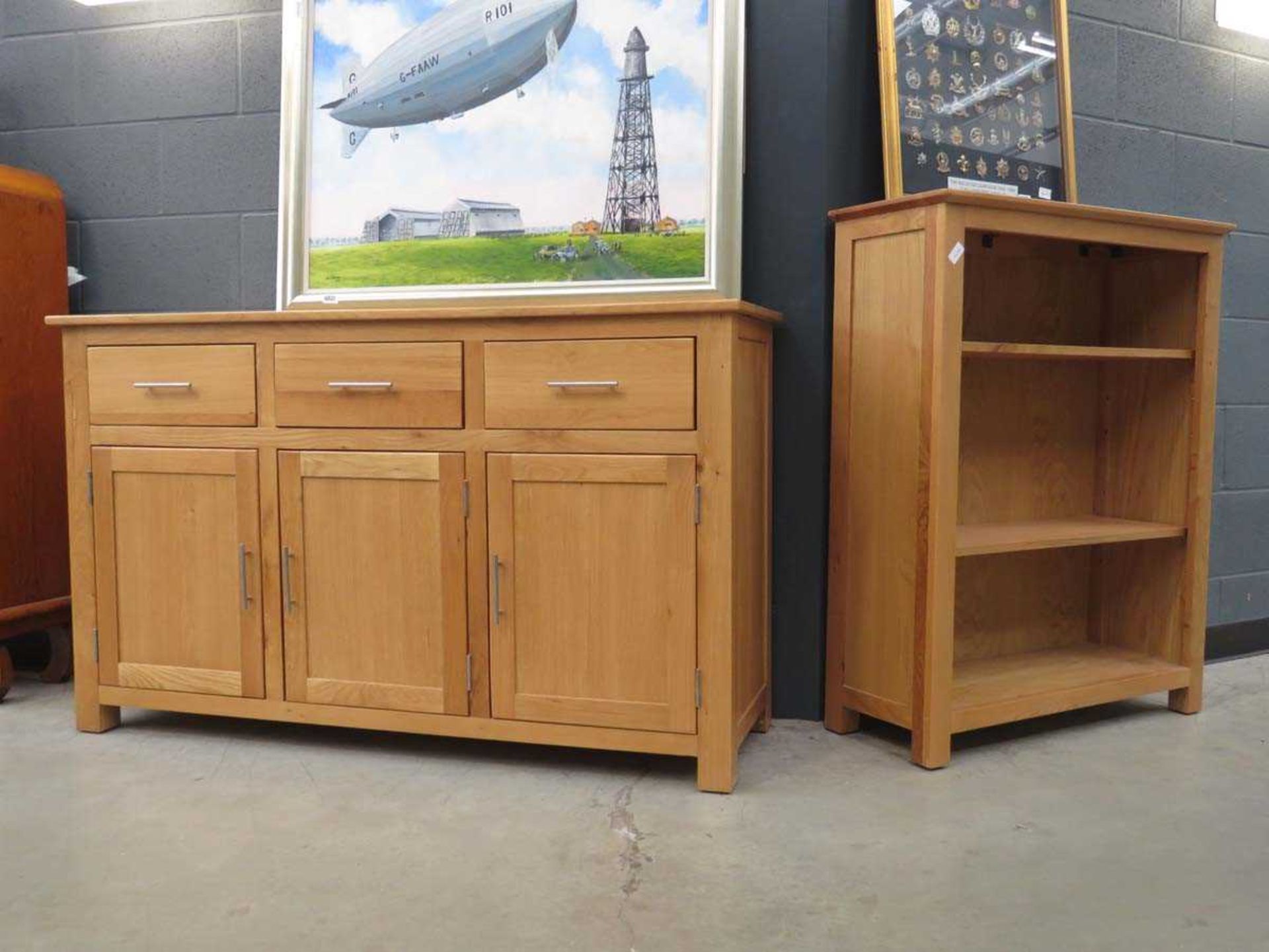 Oak sideboard plus an open bookcase