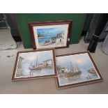 3 oils on canvas of fishing boats in harbour plus a Mediterranean villa