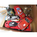 Box containing quantity of children's toy cars, Darlek and other figures