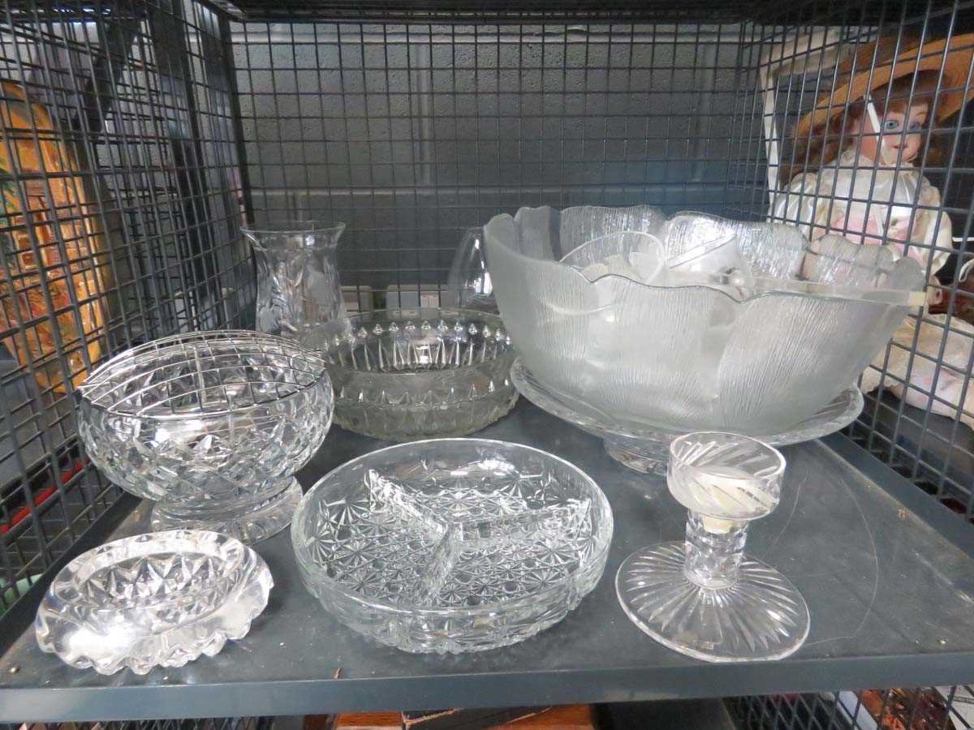 Cage containing punch bowl with ladle and mugs plus various bowls and vases