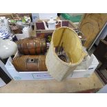 (5) Box containing wooden barrels, table lamp, light fitting and sauce bottle