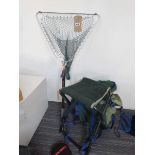 Fishermans folding seat with canvas bag attached, plus a McLean collapsable landing net