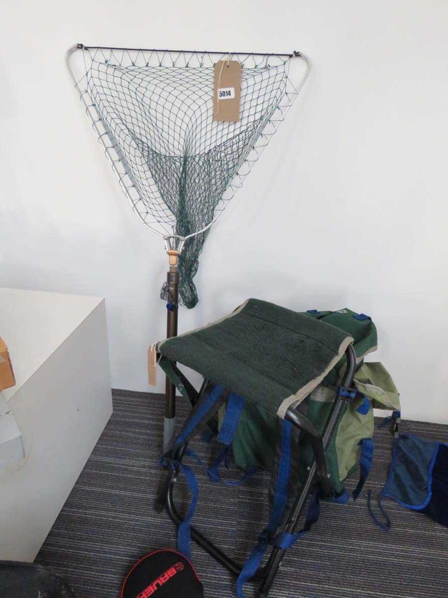 Fishermans folding seat with canvas bag attached, plus a McLean collapsable landing net