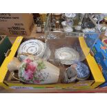 Box containing blue and white china plus a rose patterned jug and a large glass bowl