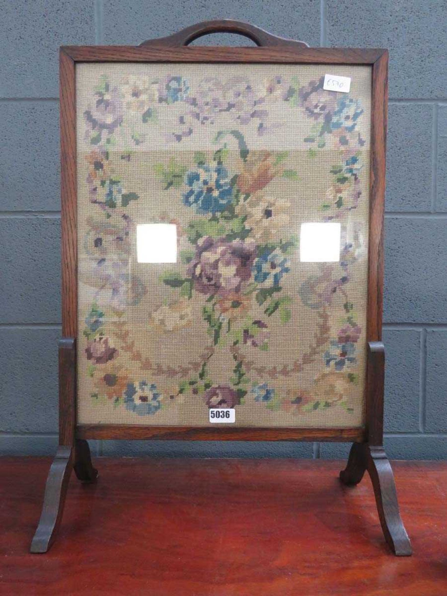 Oak fire screen with embroided panel