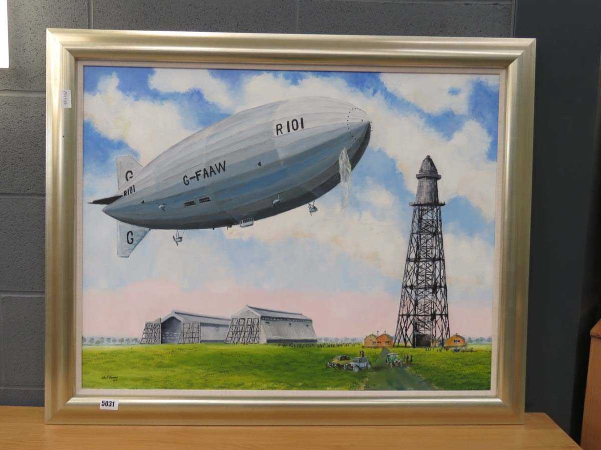 Oil on canvas of Cardington Hangers with airship
