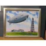 Oil on canvas of Cardington Hangers with airship