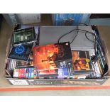 Box containing a DVD player, DVD's and CD's