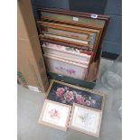 Box containing a large quantity of prints and paintings plus tapestries, still life with flowers and