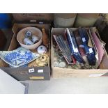 2 boxes containing decanters, wristwatches, first day covers, crested ware and general china