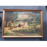 Oil on board of harvest scene with village in background