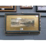 Pair of Victorian watercolours of lake with manor house and coastal scene with beached boats