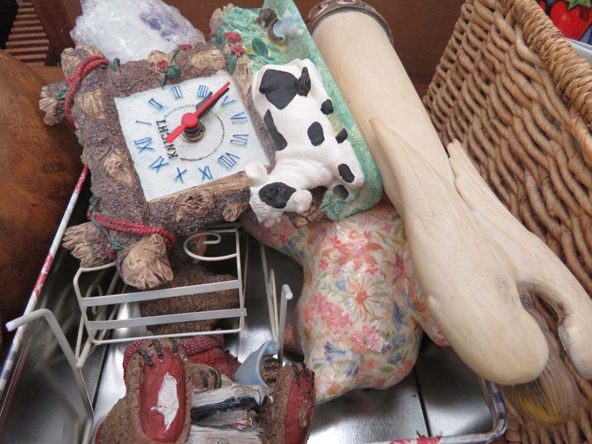 Box and a seagrass basket containing ornamental figures, bell plus a carved wooden figure of a - Image 2 of 3